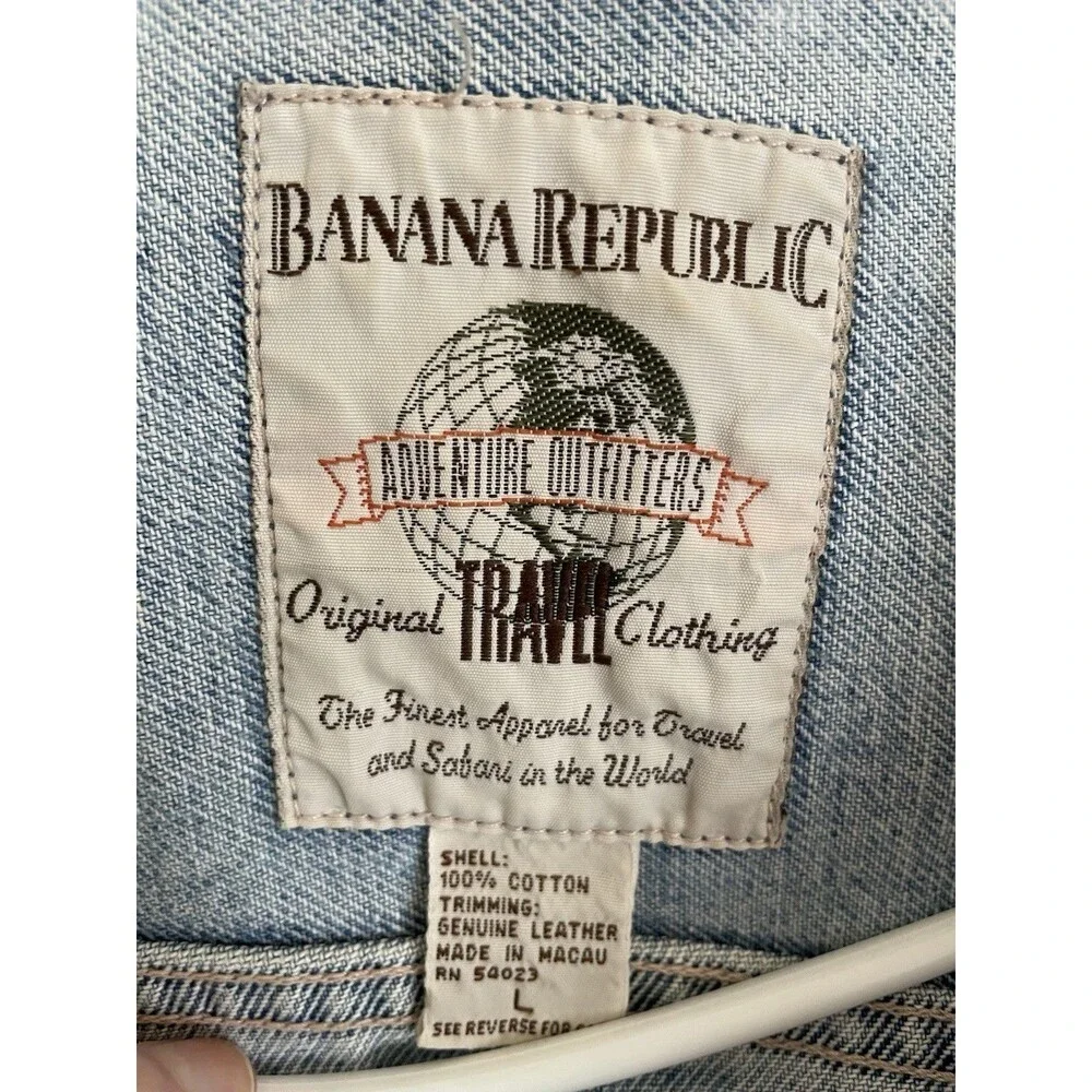 Vintage Banana Republic Travel & Safari Denim Jacket with Leather Trim Trucker L